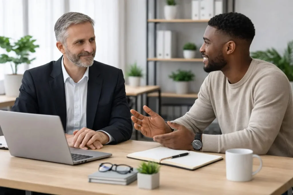 Consultant échangeant avec un client lors d’un entretien d’accompagnement professionnel