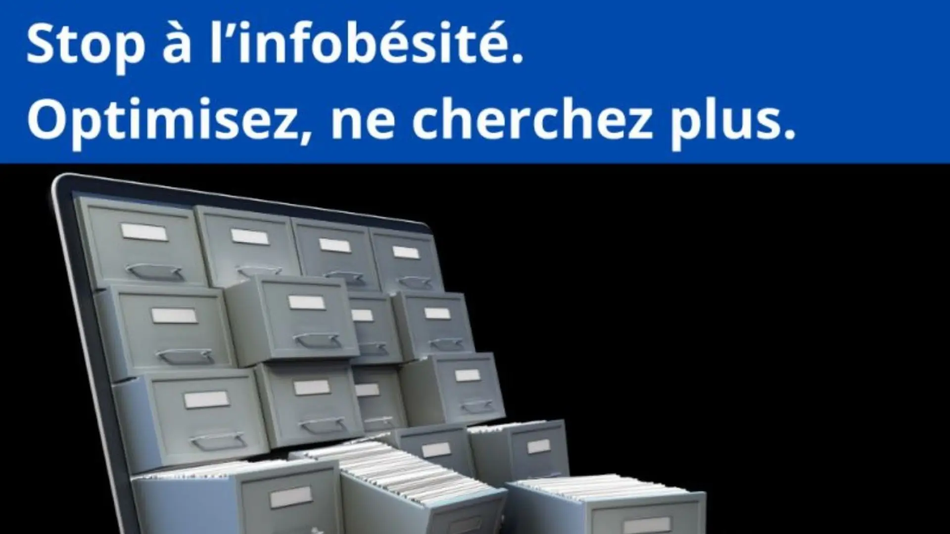 Ordinateur rempli de tiroirs d’archives illustrant l’infobésité et la surcharge d’informations